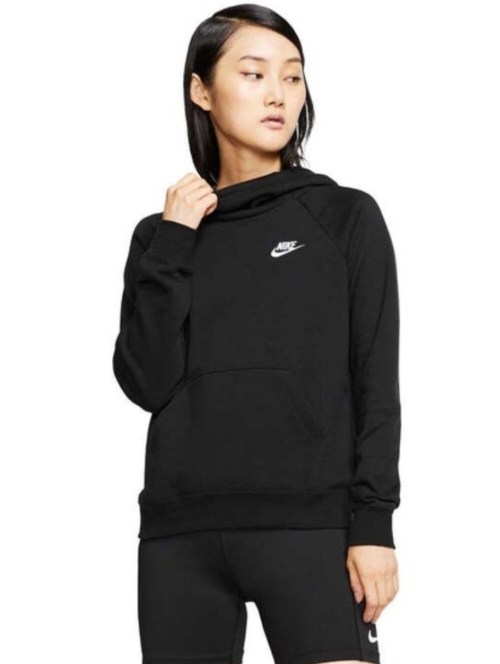 Nike Black Funnel Neck Hoodie White Swoosh XS Cozy Sporty Athleisure Neutral